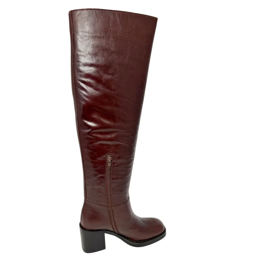 Jeffrey Campbell Vinyl Brown Over‎ The Knee Square Toe Heel Boots Womens 5.5 NIB